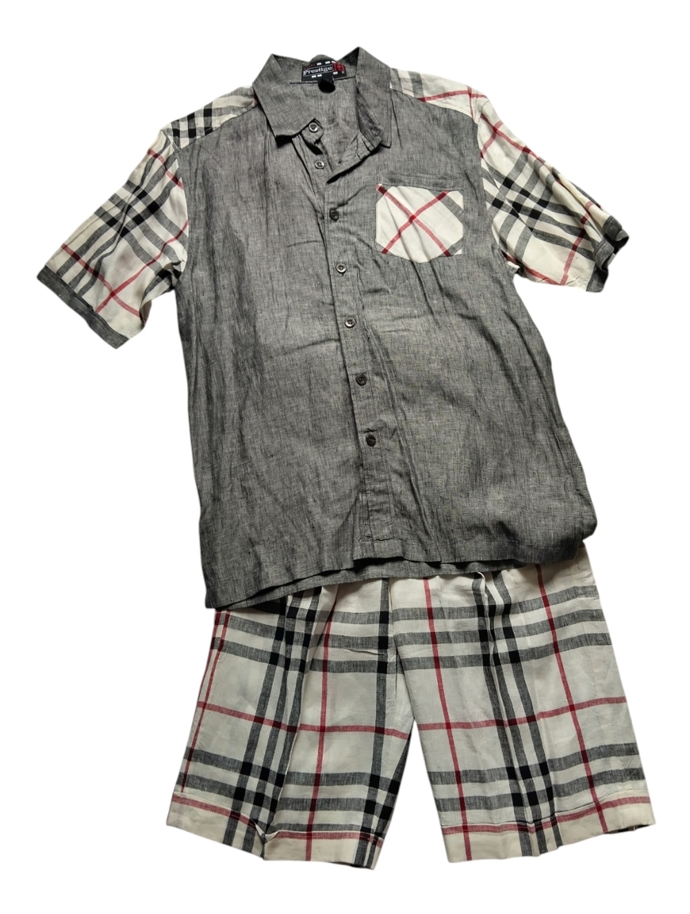 NWT Prestige Royal Mens 2 Piece Set Large, Shirt, Plaid Shorts Outfit 100% Linen